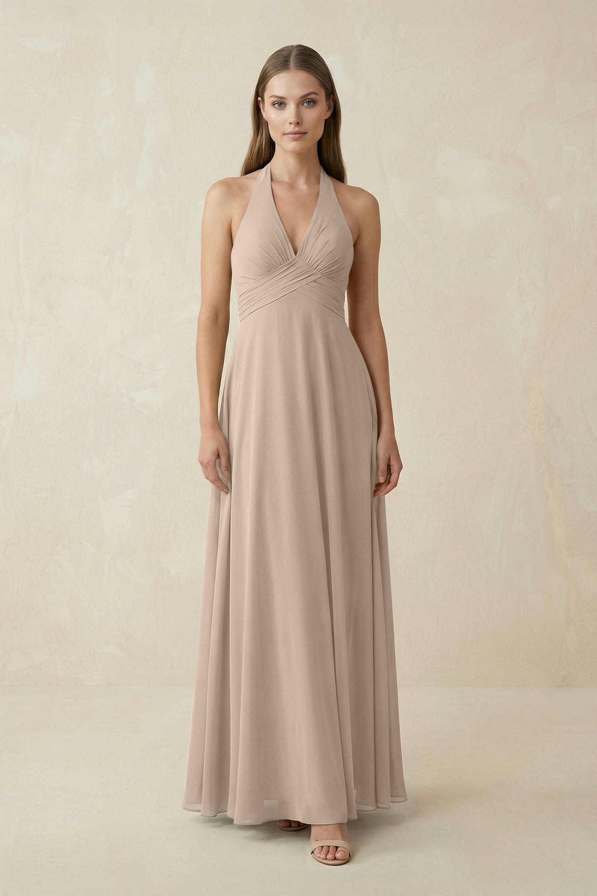 A-Line Pleated Chiffon V-Neck Bridesmaid Dress in Almond