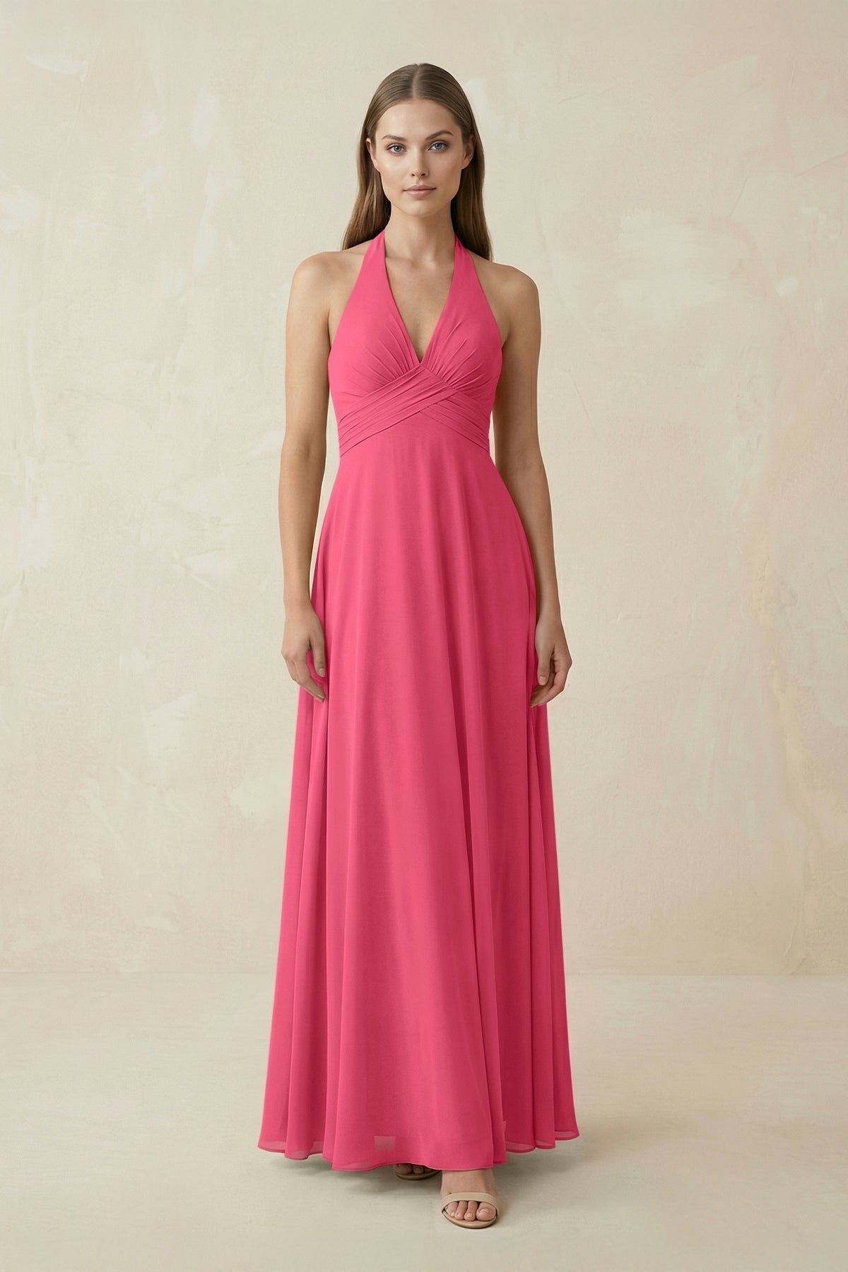 A-Line Pleated Chiffon V-Neck Bridesmaid Dress in Fuchsia