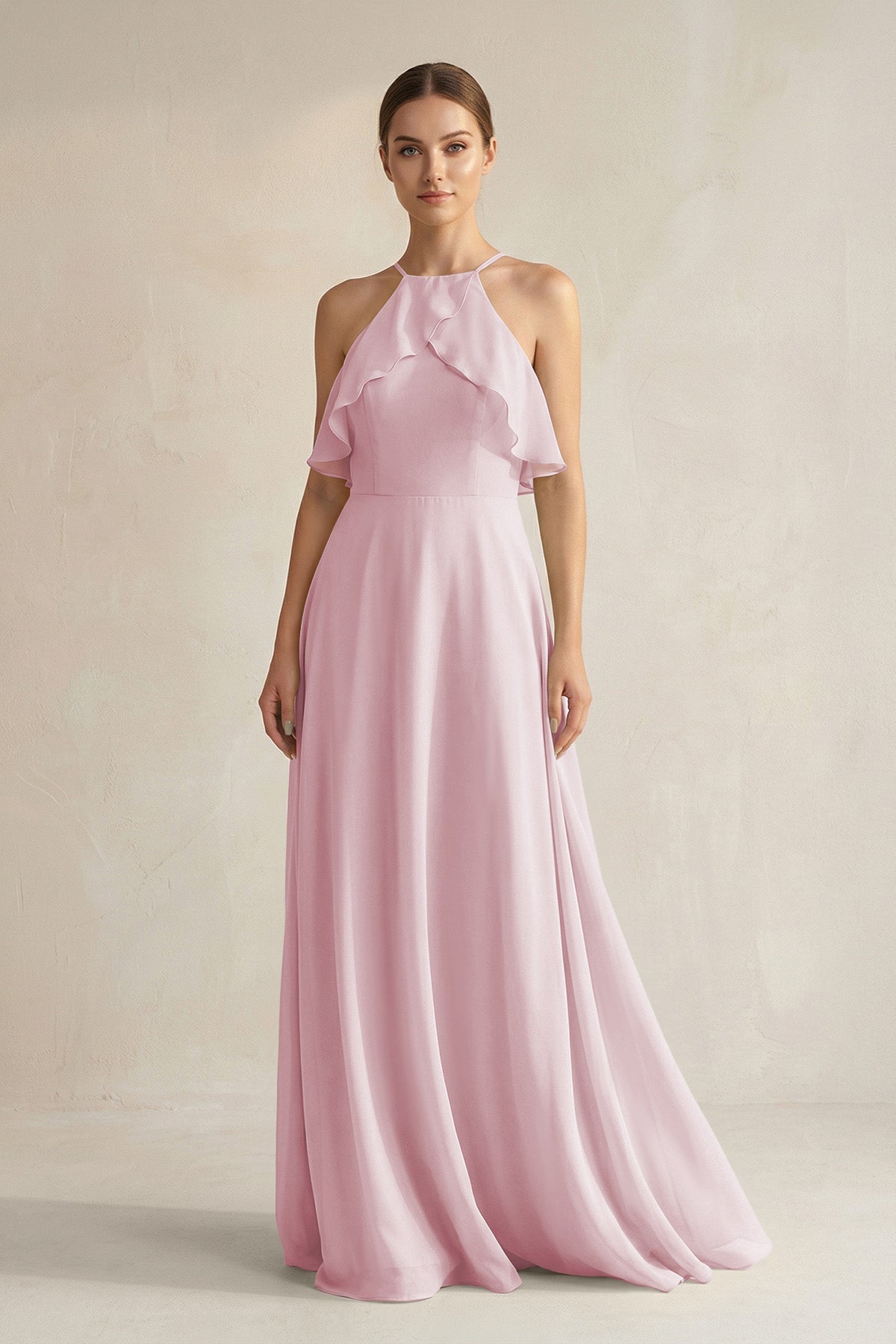 Halter Neck A-Line Chiffon Bridesmaid Dress with Keyhole in Candy Pink