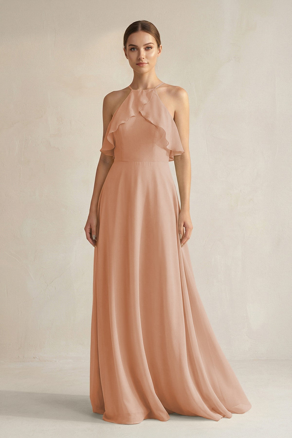 Halter Neck A-Line Chiffon Bridesmaid Dress with Keyhole in Champagne Rose