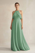 Halter Neck A-Line Chiffon Bridesmaid Dress with Keyhole in Sea Glass