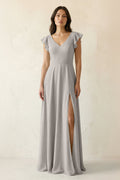 V-Neck Ruffled A-Line Chiffon Bridesmaid Dress in Silver