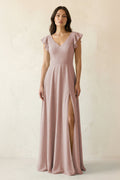 V-Neck Ruffled A-Line Chiffon Bridesmaid Dress in Toffee