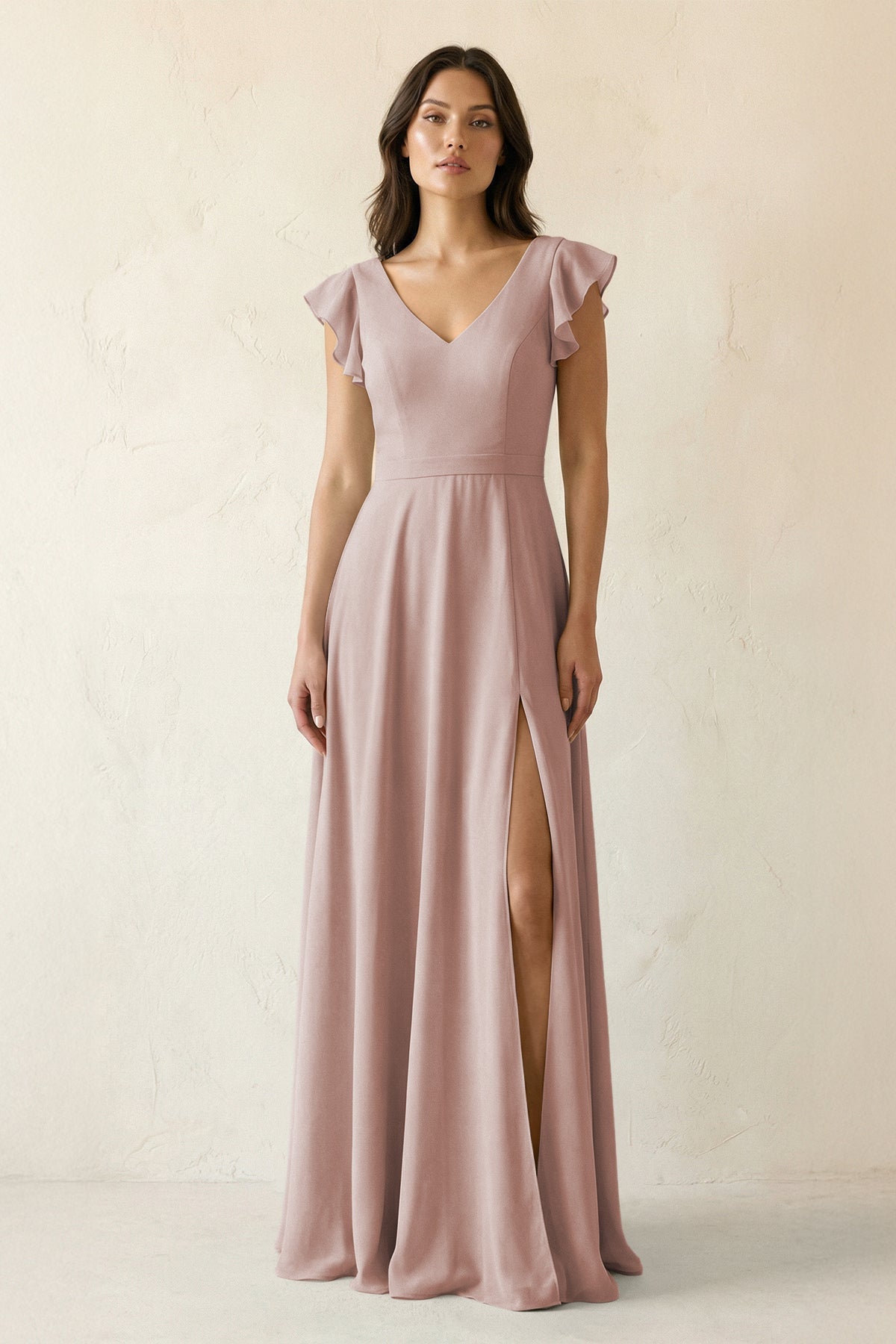 V-Neck Ruffled A-Line Chiffon Bridesmaid Dress in Toffee