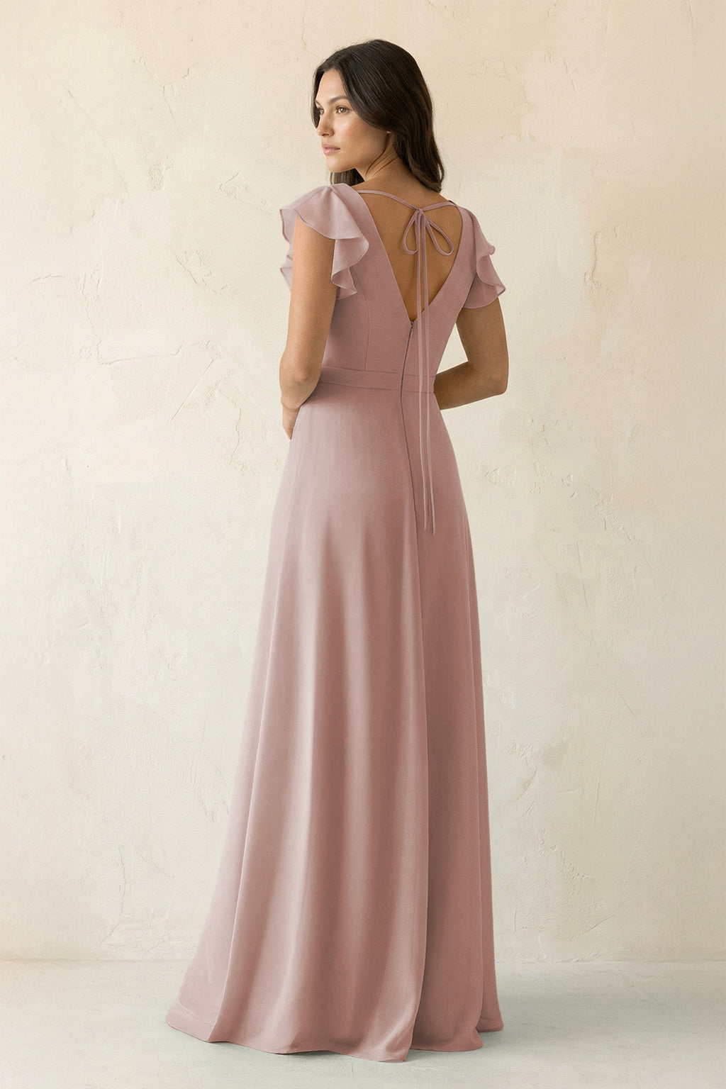V-Neck Ruffled A-Line Chiffon Bridesmaid Dress in Toffee