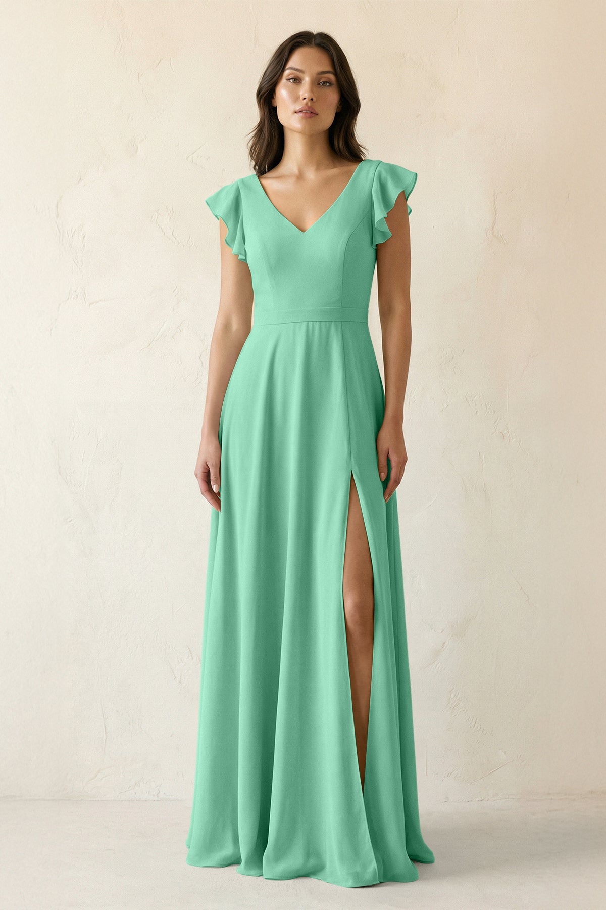 V-Neck Ruffled A-Line Chiffon Bridesmaid Dress in Turquoise